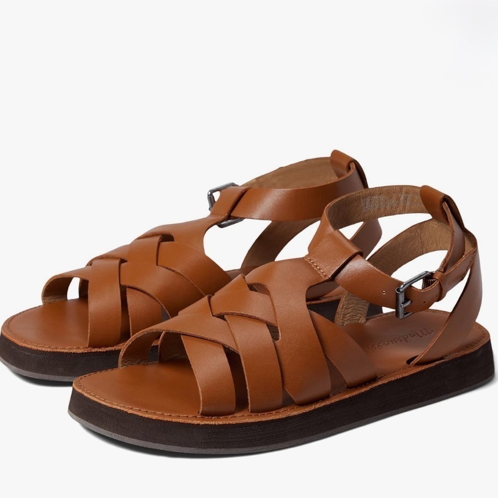 Madewell Brown Leather Woven Ankle-Strap Sandals